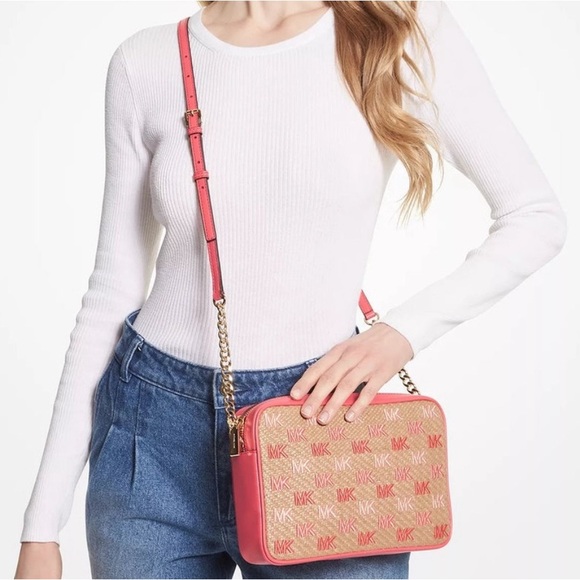 Michael Kors NWT! Jet Set Large East West Crossbody Bag - Straw Embroidered Logo - Picture 2 of 12